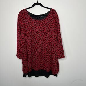 Catherines Tunic Womens 3X Red Black Floral Lace Overlay Long Sleeve Blouse Top